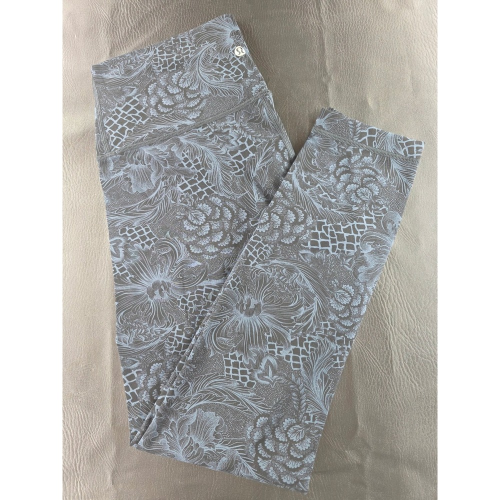 Lululemon High Rise Floral Brocade Print Leggings Gray Blue Size 8 25 Inseam